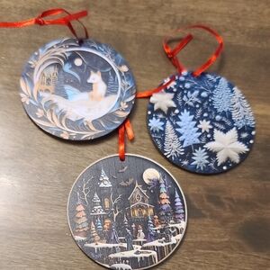 Holiday Ornament Set with Red Ribbon